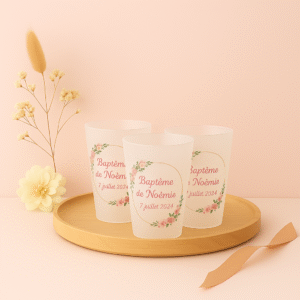 Gobelets anniversaire baptême mariage encadrement rond fleuri