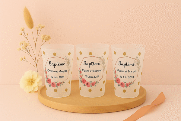 Gobelets Mariage Bapteme Evjf Evg Baby shower encadrement fleuris et or
