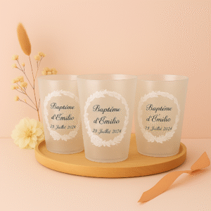 Gobelets anniversaire baptême mariage cadre blanc fleurs