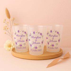 Gobelets anniversaire baptême mariage rond de fleurs blanc et violet lilas
