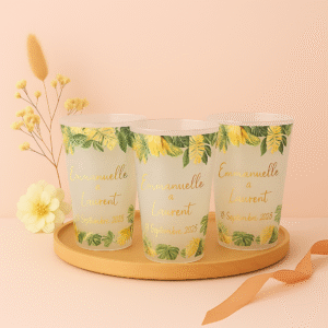 Gobelets anniversaire baptême mariage feuillage exotique vert et or