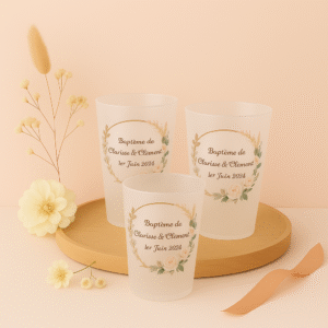 Gobelets anniversaire baptême mariage cadre pampas et feuillage vert