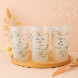 Gobelets verts sauge, encadrement coeur et fleurs blanche