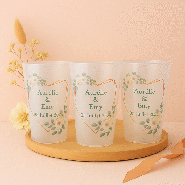 Gobelets verts sauge, encadrement coeur et fleurs blanche
